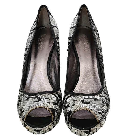 COACH Ashley Sequined Animal Print Open‎ Toe Platform Pumps Women's Size 7.5B - Picture 4 of 14